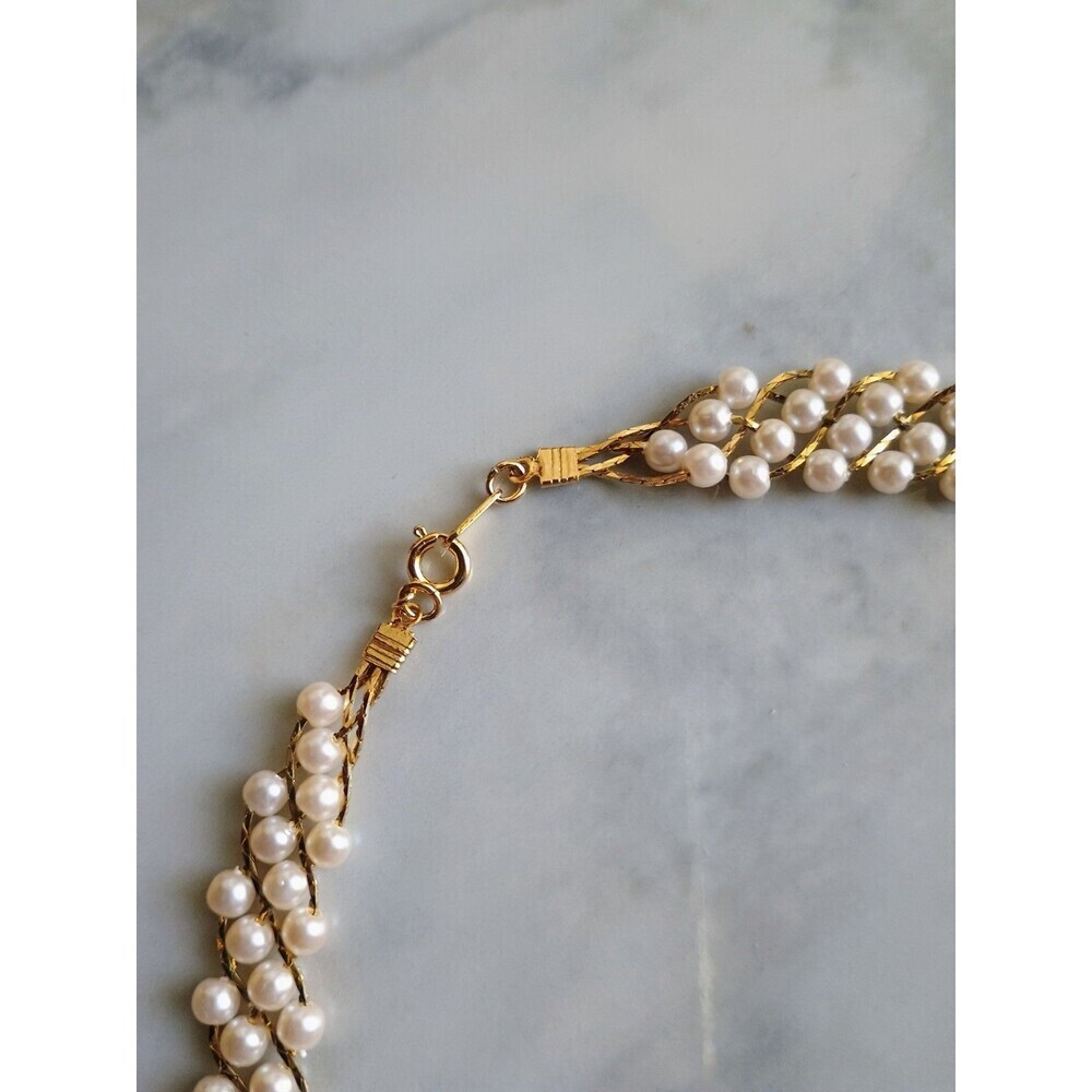 Vintage Women's Faux Pearl Four Chain Braided Gold Tone Necklace - Picture 2 of 5